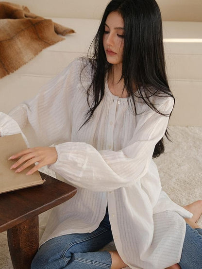 FU FRESH UP Striped Lantern Sleeve Pleated Button Round Neck Women&