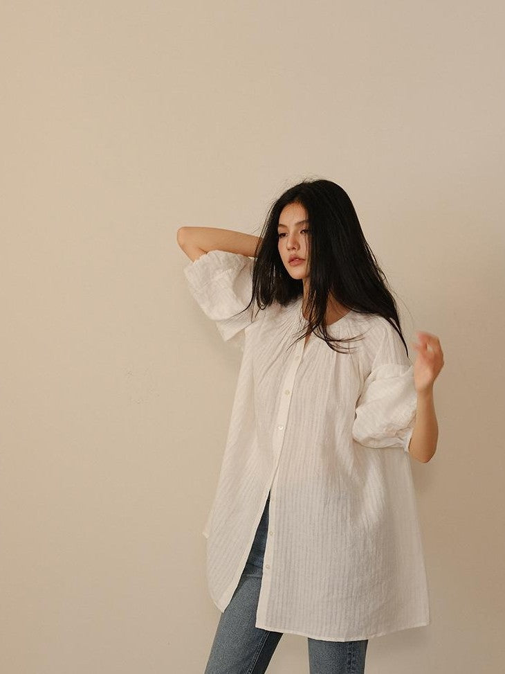 FU FRESH UP Striped Lantern Sleeve Pleated Button Round Neck Women&