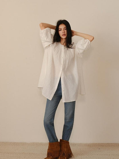 FU FRESH UP Striped Lantern Sleeve Pleated Button Round Neck Women&