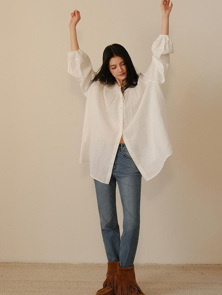 FU FRESH UP Striped Lantern Sleeve Pleated Button Round Neck Women&