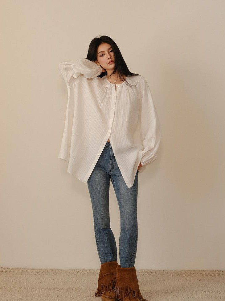 FU FRESH UP Striped Lantern Sleeve Pleated Button Round Neck Women&