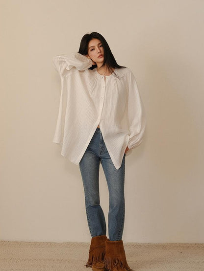 FU FRESH UP Striped Lantern Sleeve Pleated Button Round Neck Women&