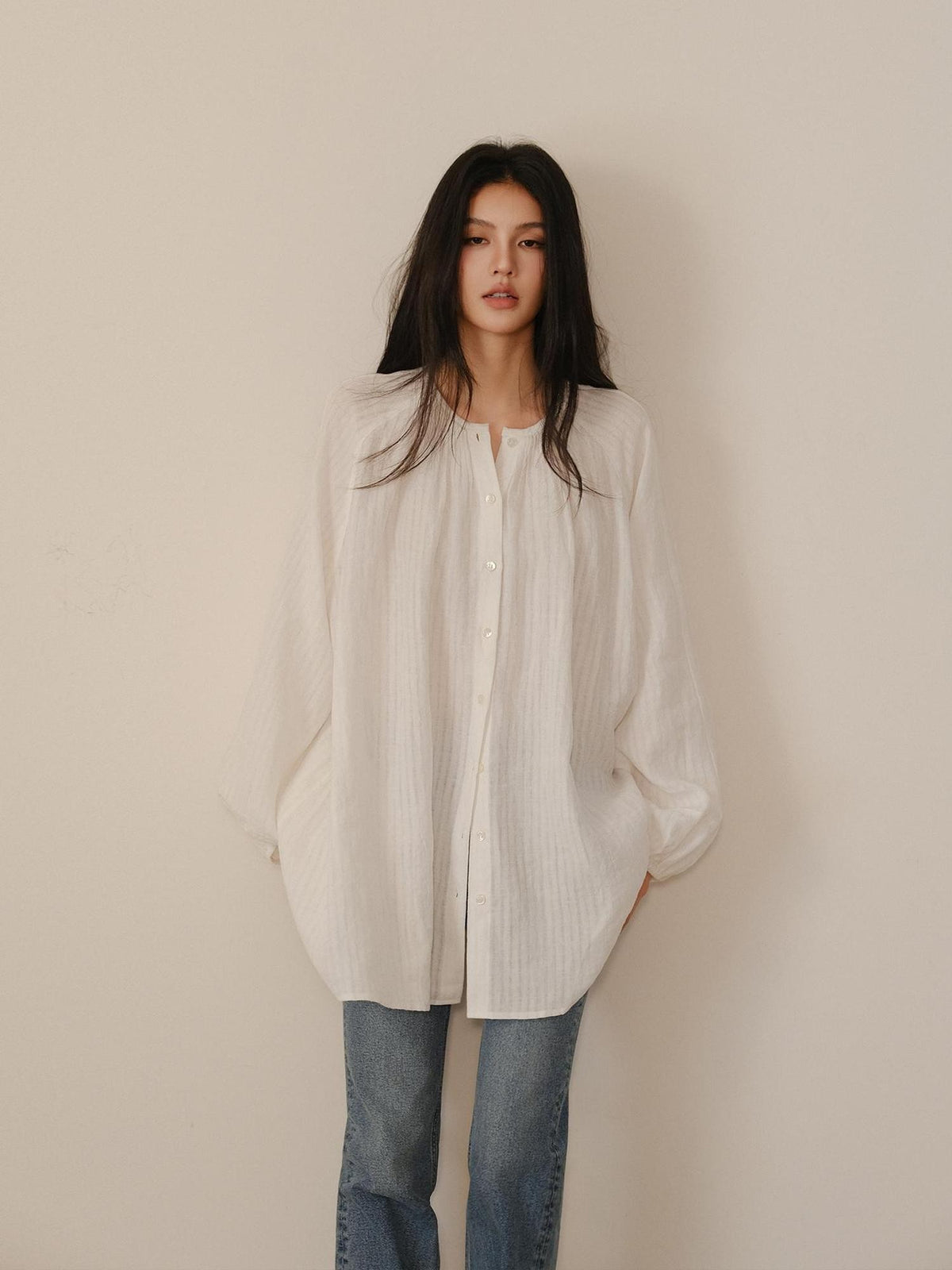 FU FRESH UP Striped Lantern Sleeve Pleated Button Round Neck Women&