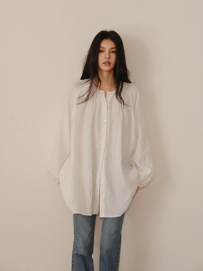FU FRESH UP Striped Lantern Sleeve Pleated Button Round Neck Women&