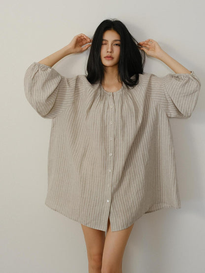 FU FRESH UP Striped Lantern Sleeve Pleated Button Round Neck Women&
