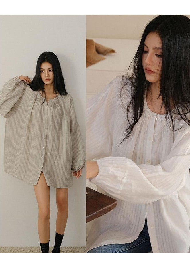 FU FRESH UP Striped Lantern Sleeve Pleated Button Round Neck Women&