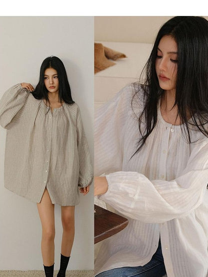 FU FRESH UP Striped Lantern Sleeve Pleated Button Round Neck Women&