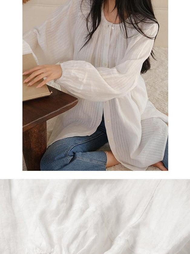 FU FRESH UP Striped Lantern Sleeve Pleated Button Round Neck Women&