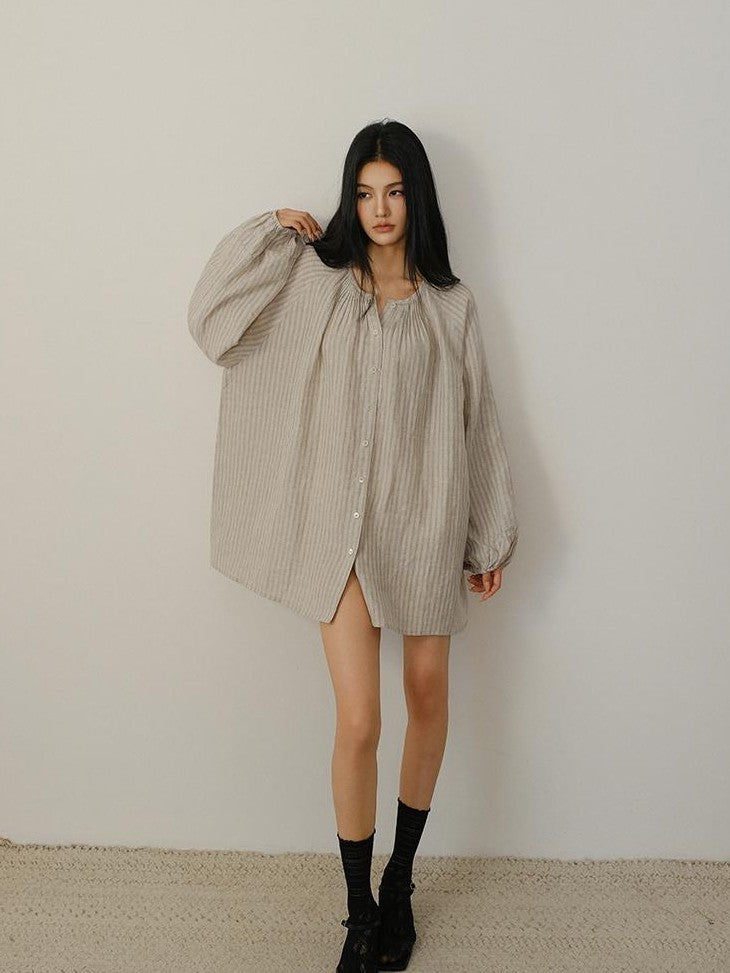 FU FRESH UP Striped Lantern Sleeve Pleated Button Round Neck Women&