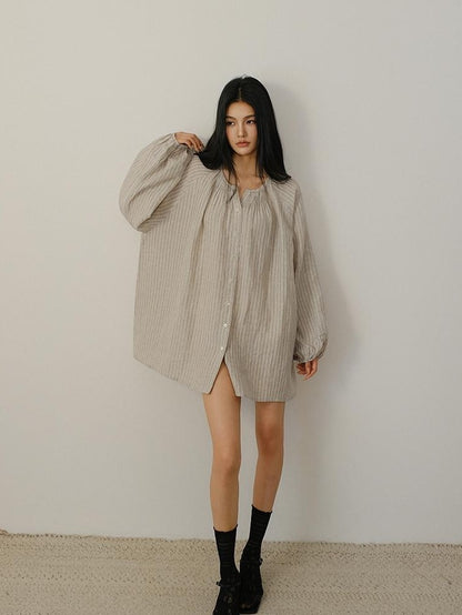 FU FRESH UP Striped Lantern Sleeve Pleated Button Round Neck Women&