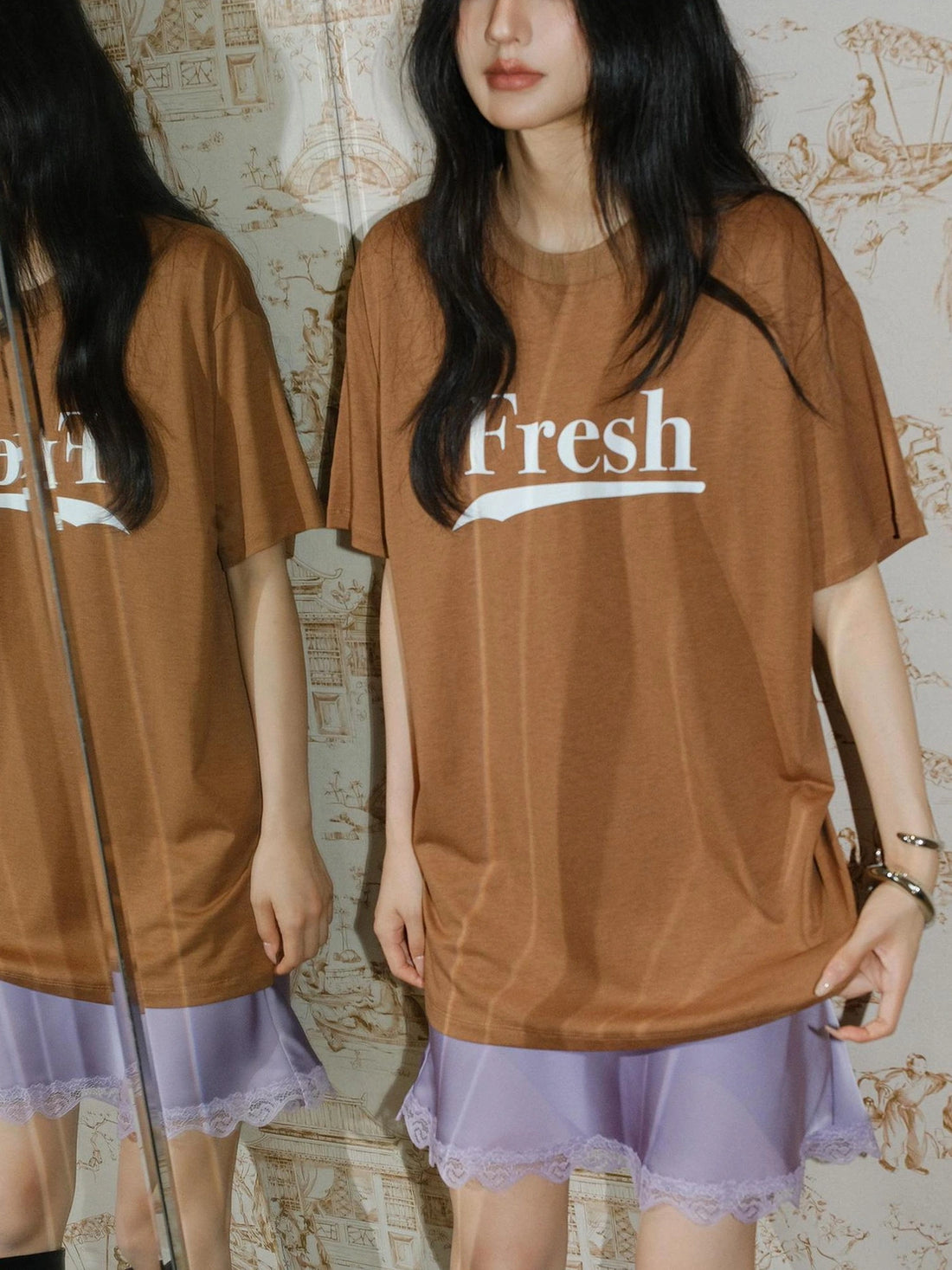 FU FRESH UP Summer Dopamine Color Block Print V-neck T-shirt Long Sleeve