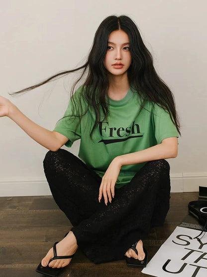 FU FRESH UP Summer Dopamine Color Block Print V-neck T-shirt Long Sleeve