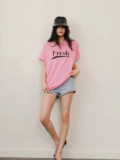 FU FRESH UP Summer Dopamine Color Block Print V-neck T-shirt Long Sleeve