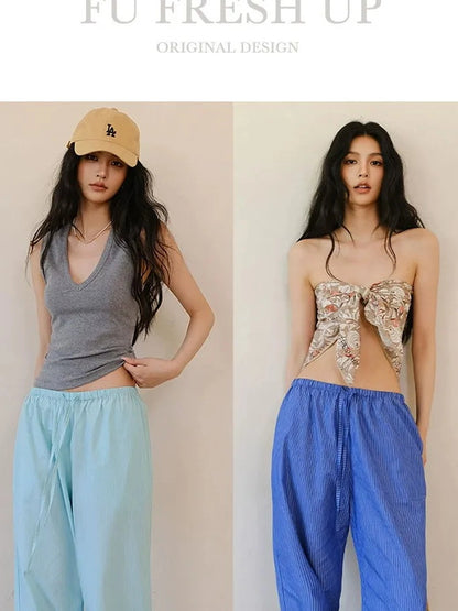 FU FRESH UP Summer Oxygen Wide Leg Striped Trousers