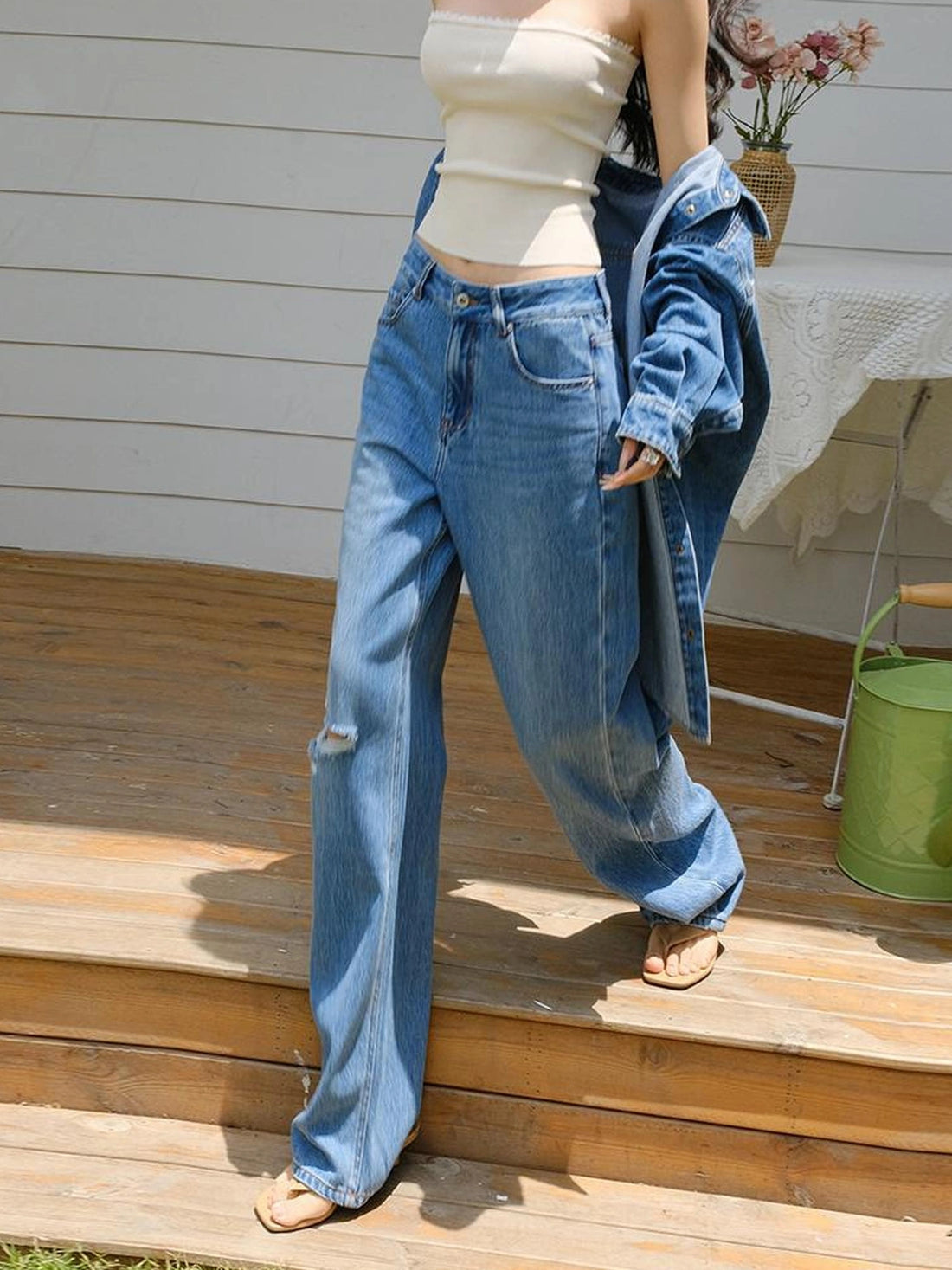 FU FRESH UP Tencel Cotton Ripped Relaxed Straight Leg Jeans