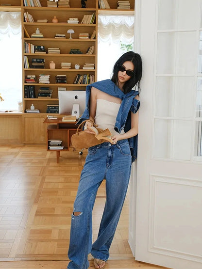 FU FRESH UP Tencel Cotton Ripped Relaxed Straight Leg Jeans