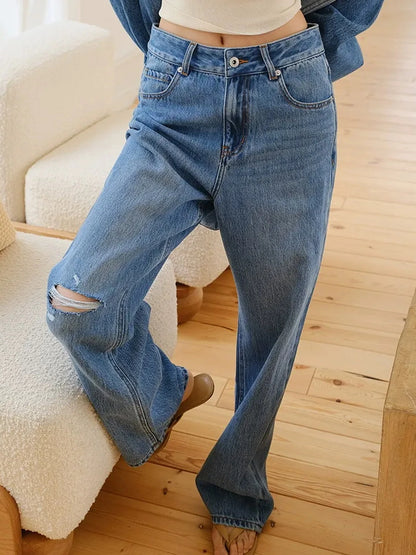 FU FRESH UP Tencel Cotton Ripped Relaxed Straight Leg Jeans