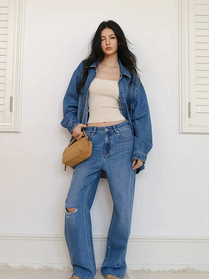 FU FRESH UP Tencel Cotton Ripped Relaxed Straight Leg Jeans