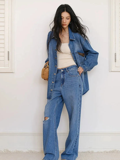 FU FRESH UP Tencel Cotton Ripped Relaxed Straight Leg Jeans