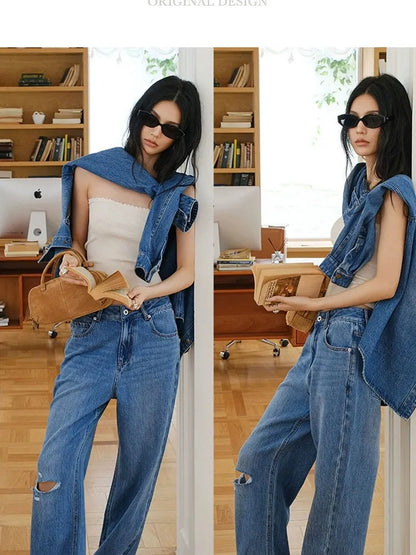 FU FRESH UP Tencel Cotton Ripped Relaxed Straight Leg Jeans