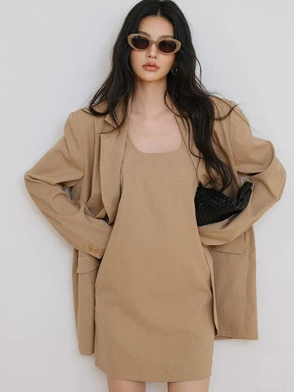 FU FRESH UP Textured Linen Blend Waistcoat Dress Blazer Set
