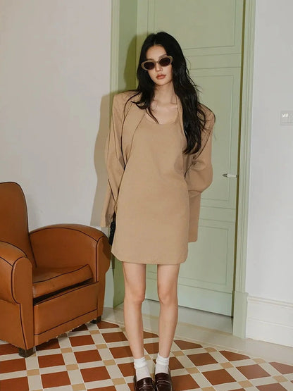 FU FRESH UP Textured Linen Blend Waistcoat Dress Blazer Set