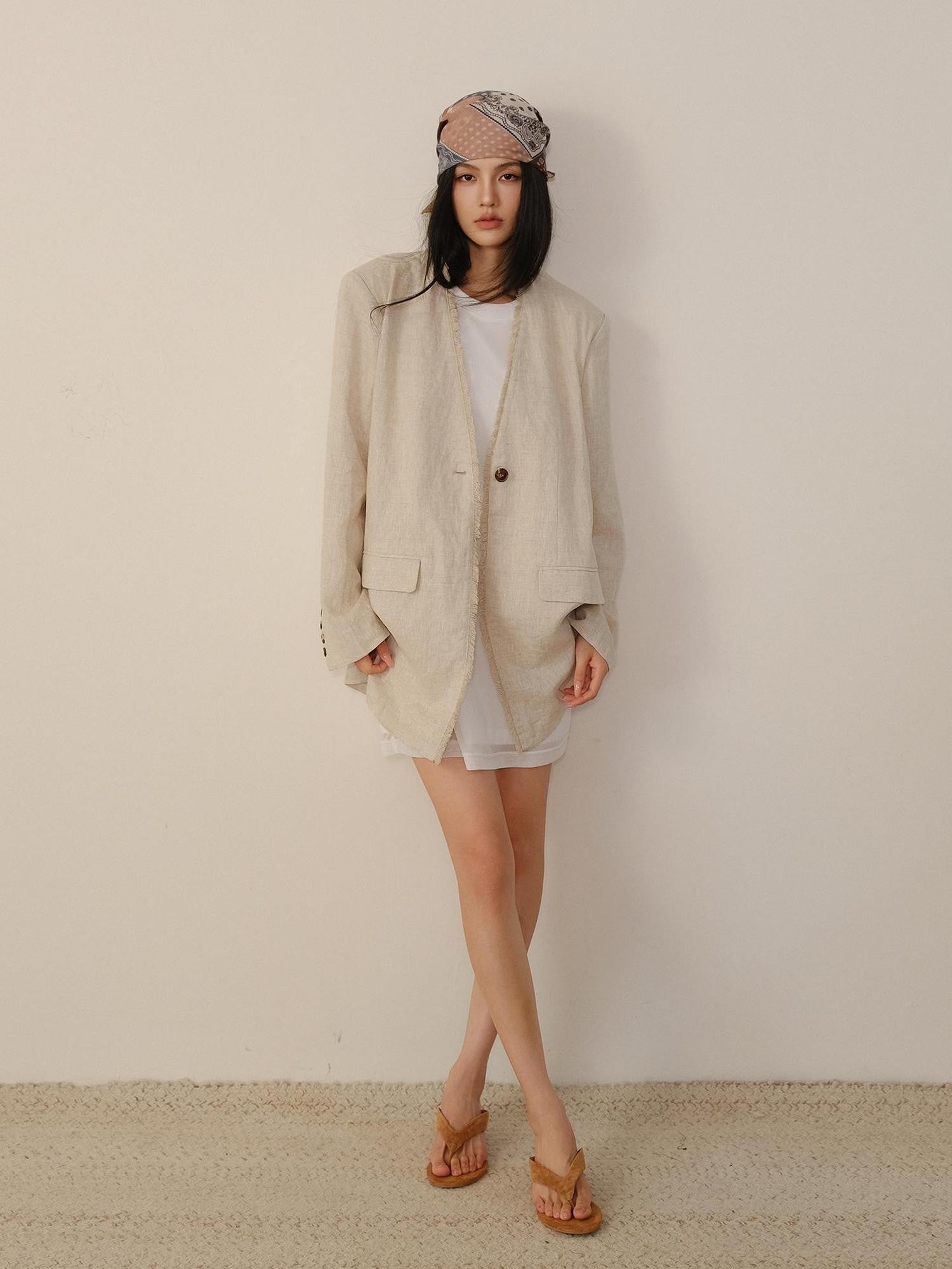 FU FRESH UP Textured Tassel Collarless Drop Shoulder Women&