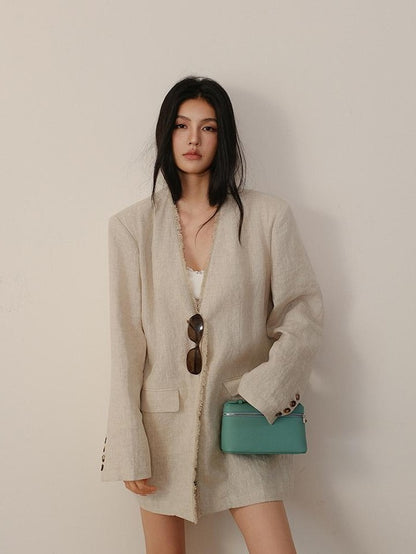 FU FRESH UP Textured Tassel Collarless Drop Shoulder Women&