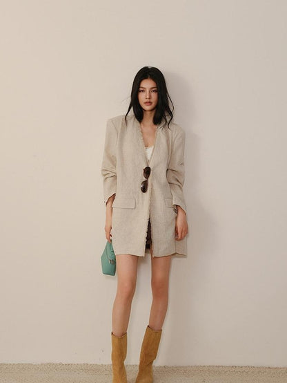 FU FRESH UP Textured Tassel Collarless Drop Shoulder Women&