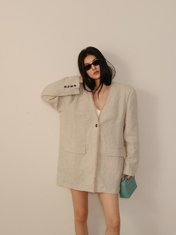 FU FRESH UP Textured Tassel Collarless Drop Shoulder Women&