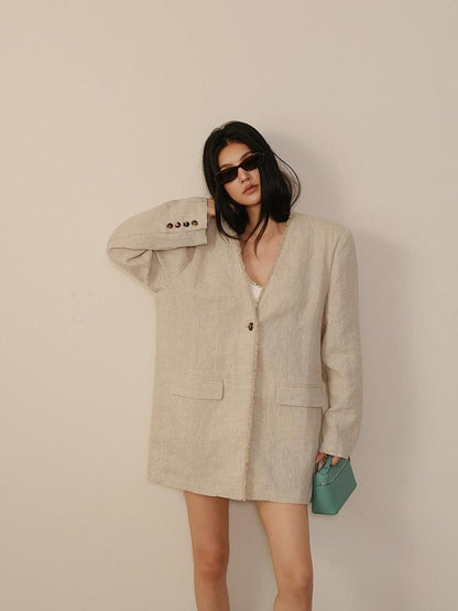 FU FRESH UP Textured Tassel Collarless Drop Shoulder Women&