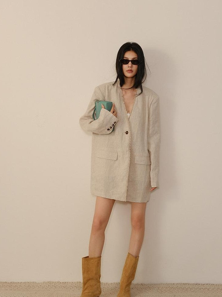 FU FRESH UP Textured Tassel Collarless Drop Shoulder Women&