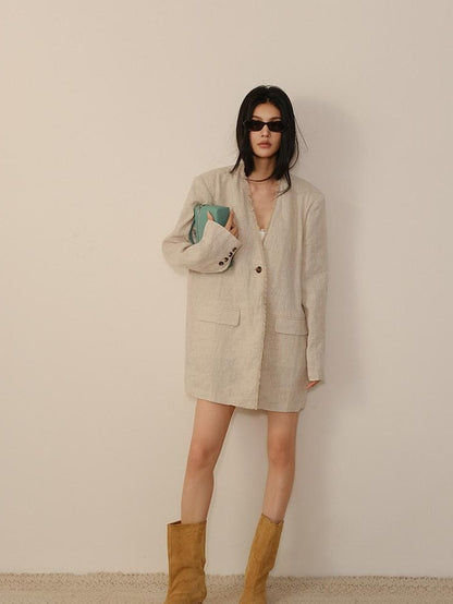 FU FRESH UP Textured Tassel Collarless Drop Shoulder Women&