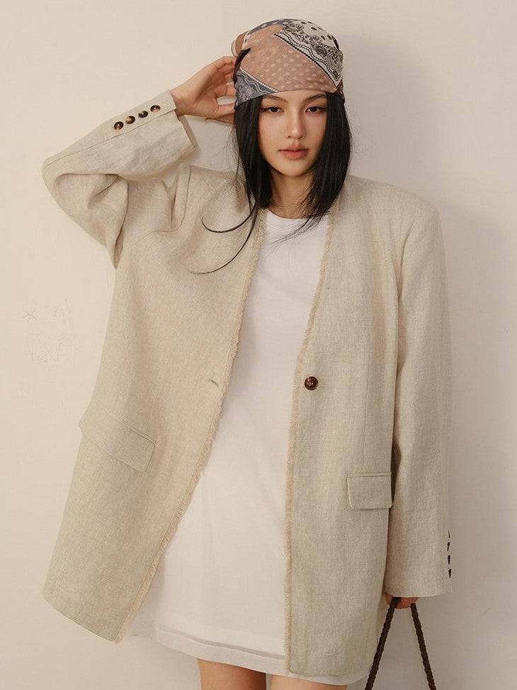 FU FRESH UP Textured Tassel Collarless Drop Shoulder Women&