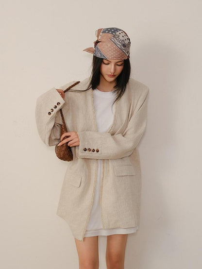 FU FRESH UP Textured Tassel Collarless Drop Shoulder Women&