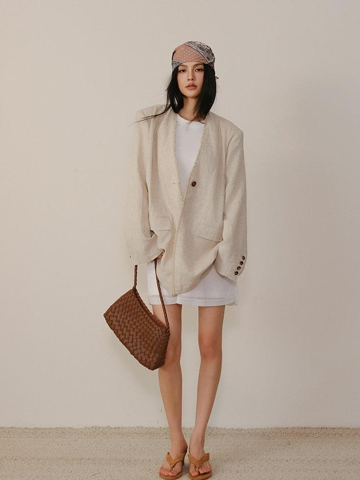 FU FRESH UP Textured Tassel Collarless Drop Shoulder Women&