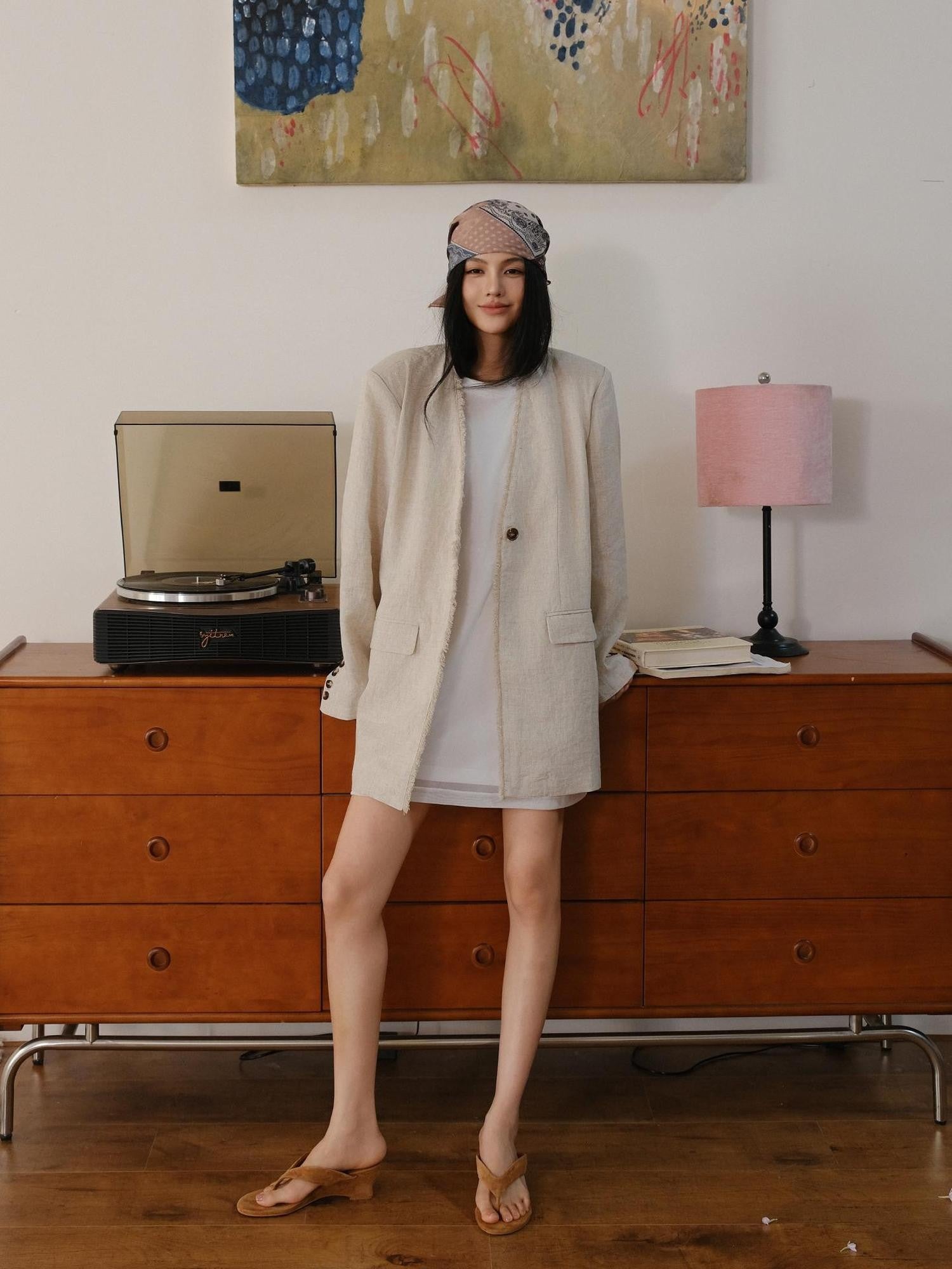 FU FRESH UP Textured Tassel Collarless Drop Shoulder Women&