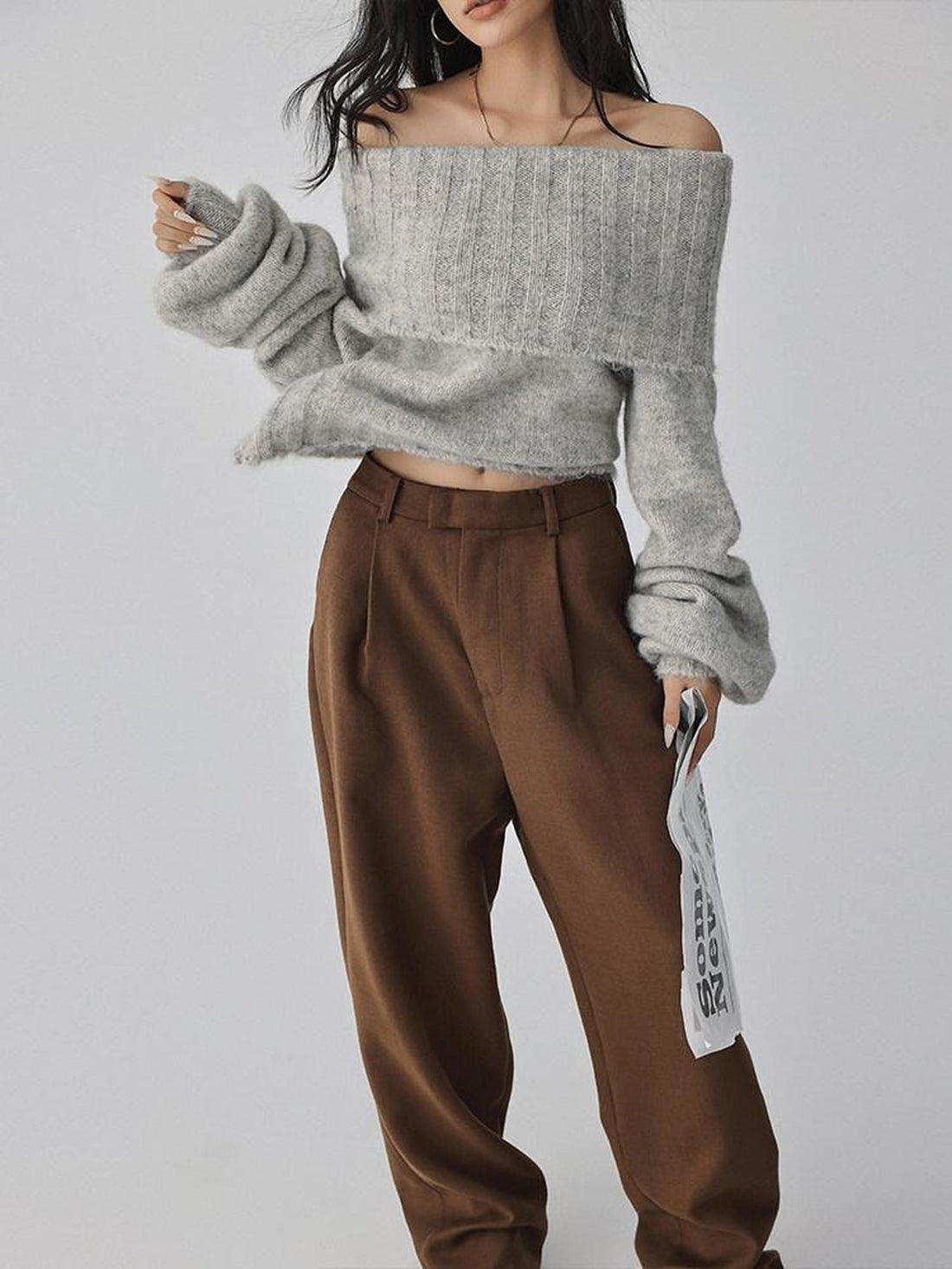 FU FRESH UP Turn Down Collar Off Shoulder Knit Women&