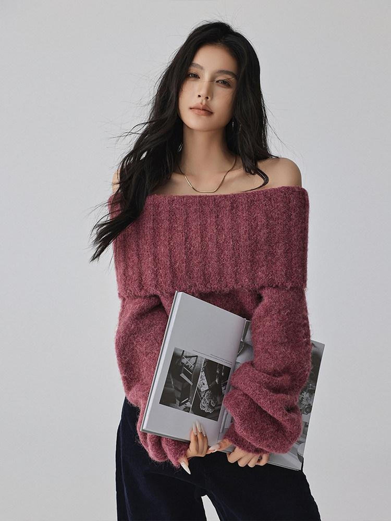 FU FRESH UP Turn Down Collar Off Shoulder Knit Women&