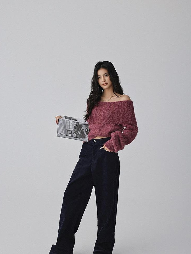 FU FRESH UP Turn Down Collar Off Shoulder Knit Women&
