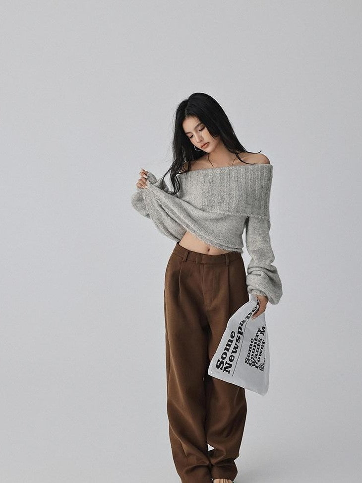 FU FRESH UP Turn Down Collar Off Shoulder Knit Women&