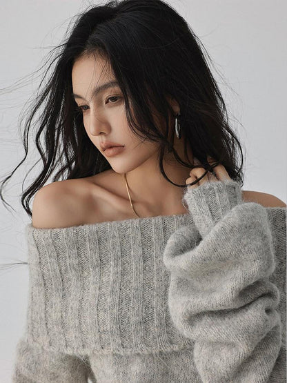 FU FRESH UP Turn Down Collar Off Shoulder Knit Women&
