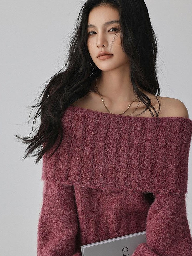 FU FRESH UP Turn Down Collar Off Shoulder Knit Women&