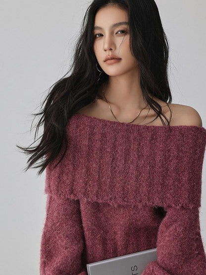 FU FRESH UP Turn Down Collar Off Shoulder Knit Women&