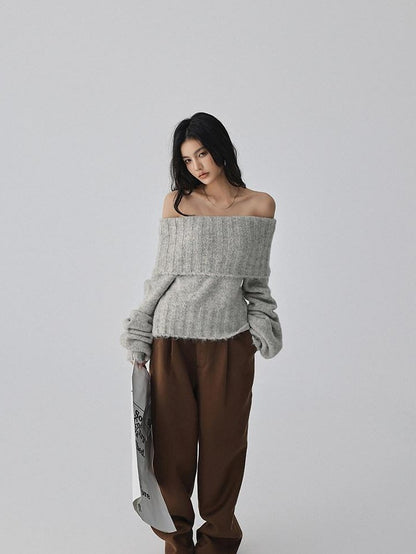 FU FRESH UP Turn Down Collar Off Shoulder Knit Women&
