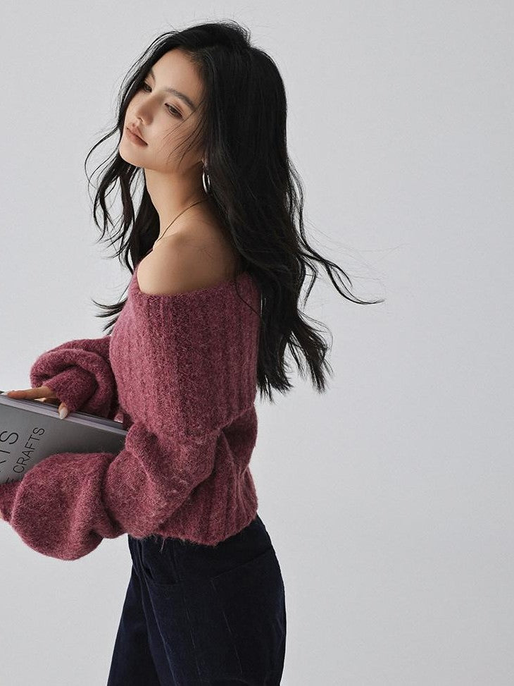 FU FRESH UP Turn Down Collar Off Shoulder Knit Women&