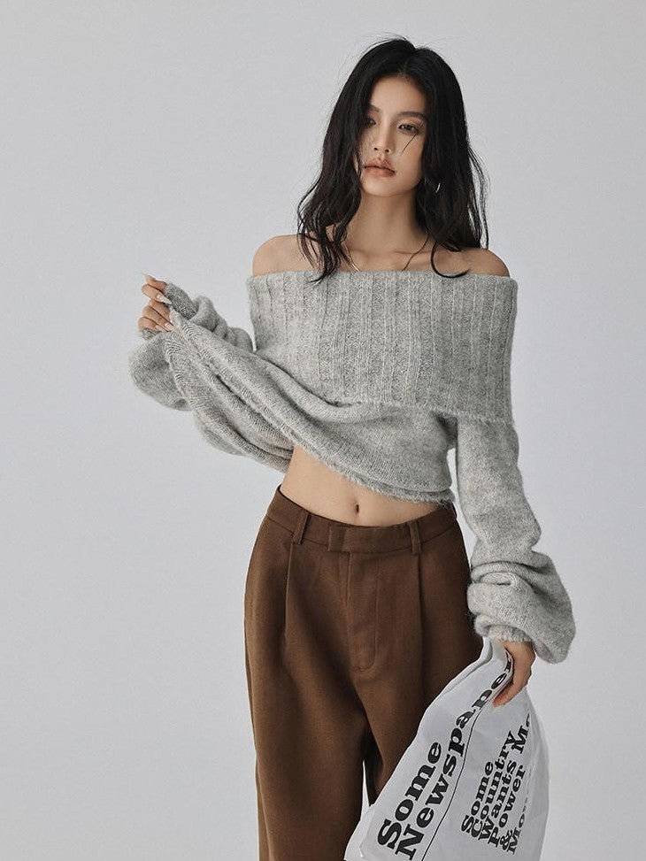 FU FRESH UP Turn Down Collar Off Shoulder Knit Women&