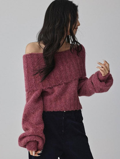 FU FRESH UP Turn Down Collar Off Shoulder Knit Women&