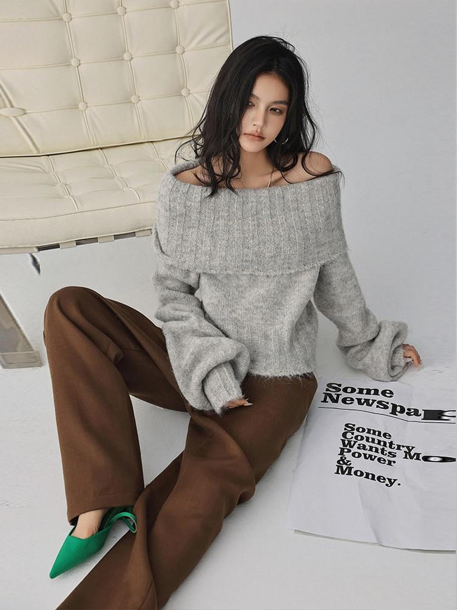FU FRESH UP Turn Down Collar Off Shoulder Knit Women&