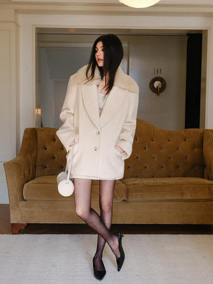 FU FRESH UP Twill Fur Collar Tailored Slim Fit Notched Lapel Women&